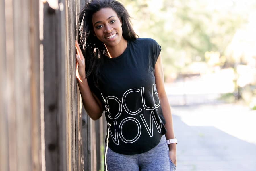 A woman wearing a black t-shirt