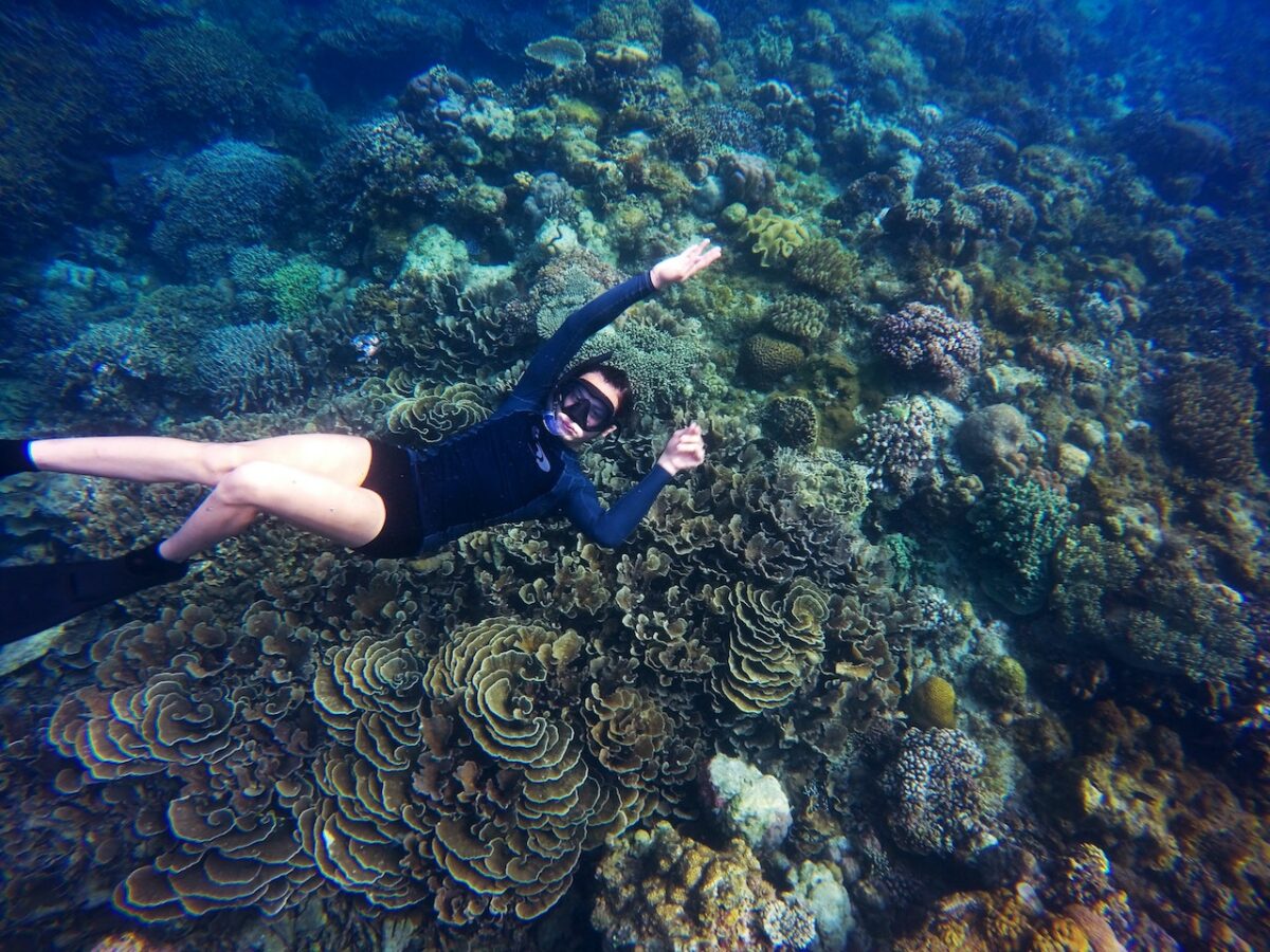 A woman wearing a blue and black rash guard, black shorts, and black swimfin under the clear sea